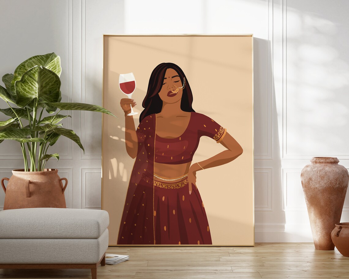 Modern Indian Woman Drinking Art Desi Art Indian Wall Art South Asian Art Partying Art Brown Girl South Asian Prints - Image 4