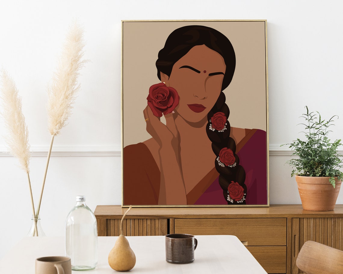 Indian Art Desi Art Indian Wall Art South Asian Woman Art Tamil Girl Art South Indian Art Desi Prints Telugu Art Brown Girl In Saree - Image 3