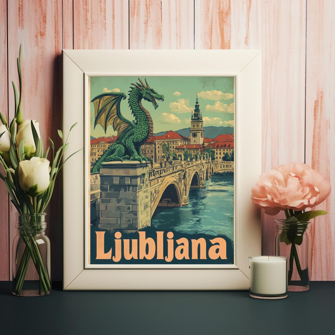 Vintage Ljubljana Illustration With Dragon Bridge Charming Wall Art Print Instant - Image 2
