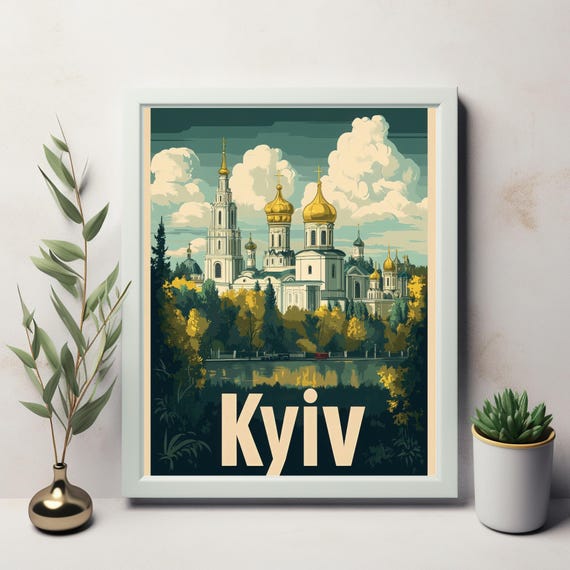Kyiv A Vintage Travel Poster Illustration Showcasing Iconic Architecture And Golden Domes In A Serene Landscape