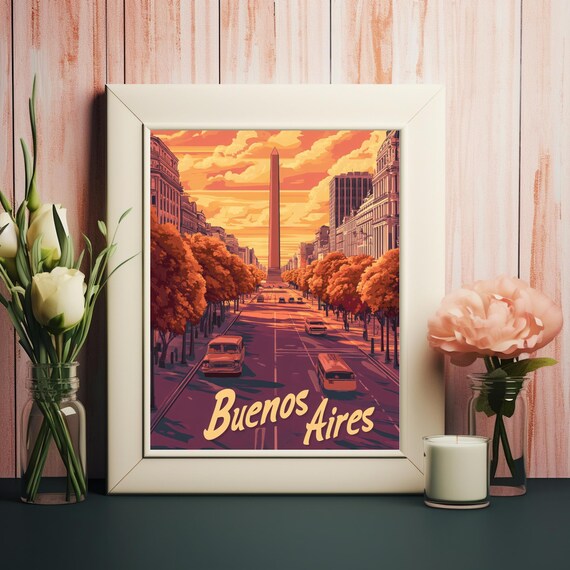Buenos Aires Vibrant Art Of The Iconic Obelisco And Lively Avenue At Sunset Retro Wall Art For Instant