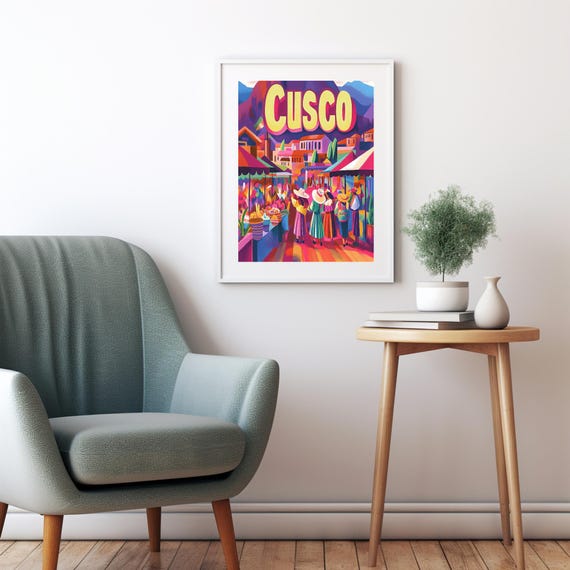 Vibrant Cusco Market Scene Colorful Art Print Featuring Traditional Attire And Scenic Mountains