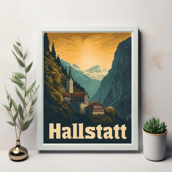 Hallstatt Serene Austrian Village In Vintage Style Art Print Of Scenic Mountains And Charming Architecture