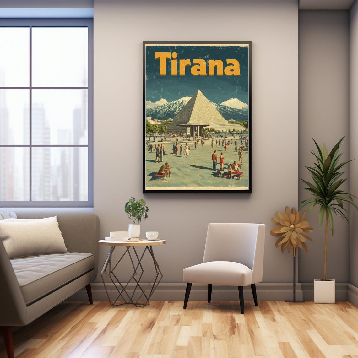 Vintage Inspired Art Of Tirana Featuring The Iconic Pyramid Structure And Snow Capped Mountains - Image 3