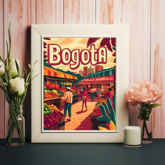 Bogota Vibrant Market Colorful Stalls Street Scene Vintage Travel Poster