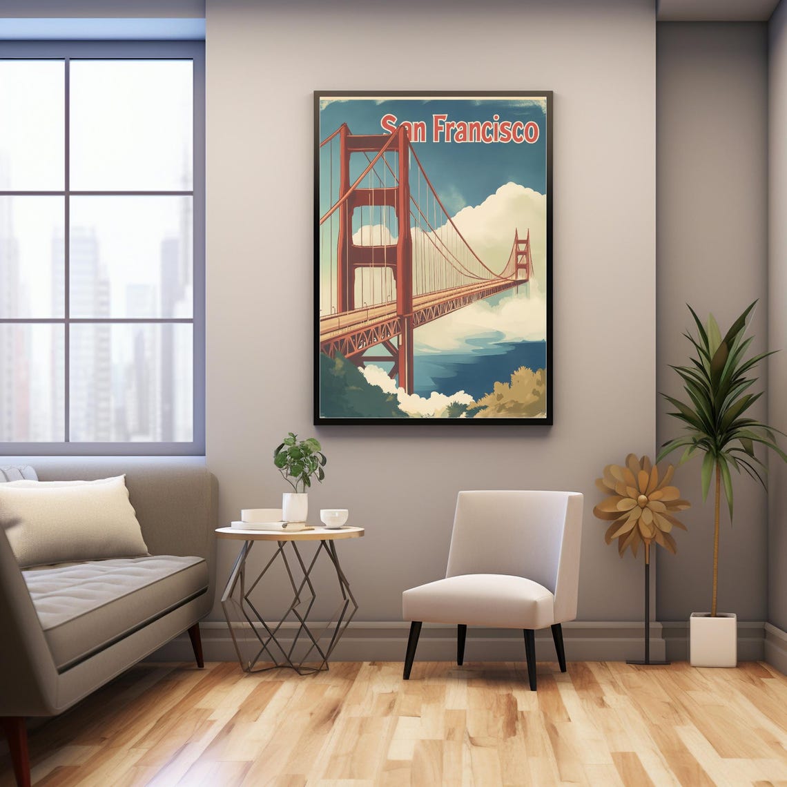 Vintage San Francisco Golden Gate Bridge Art Retro Style With Clouds And Greenery - Image 3