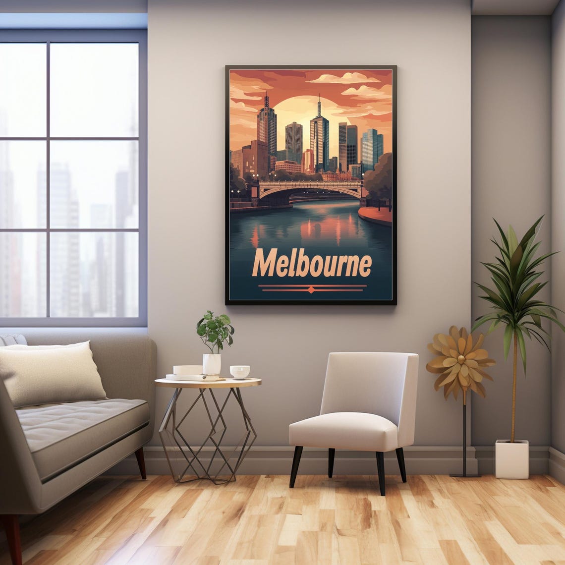 Melbourne Skyline Sunset Retro Travel Poster Art With River Reflection And Bold Vintage Typography - Image 3
