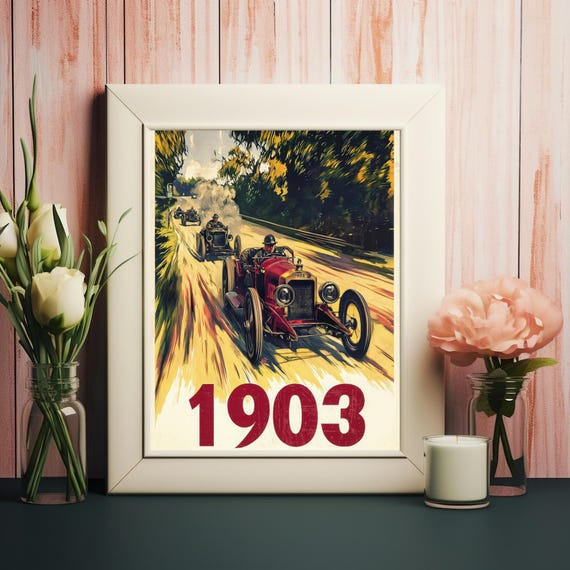 Vintage Automobile Race 1903 Dynamic Early 20th Century Car Racing Illustration In Bold Colors And Nostalgic Style