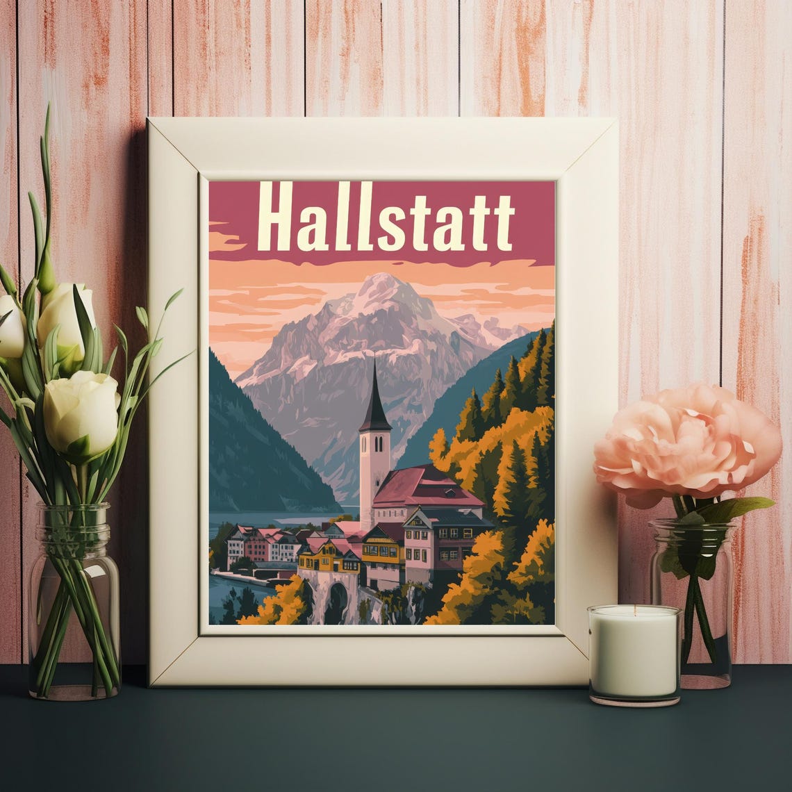 Hallstatt A Retro Inspired Vintage Travel Poster Of The Picturesque Village By The Lake And Mountains