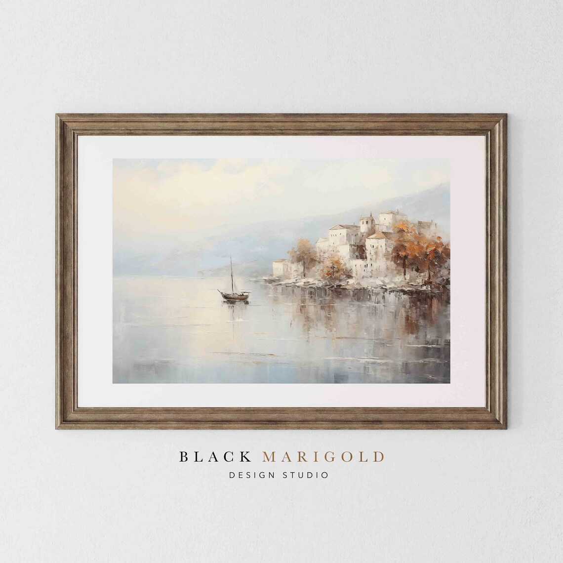 Old Stone Village on Rocky Shore With Sailboat Pearlescent Poster