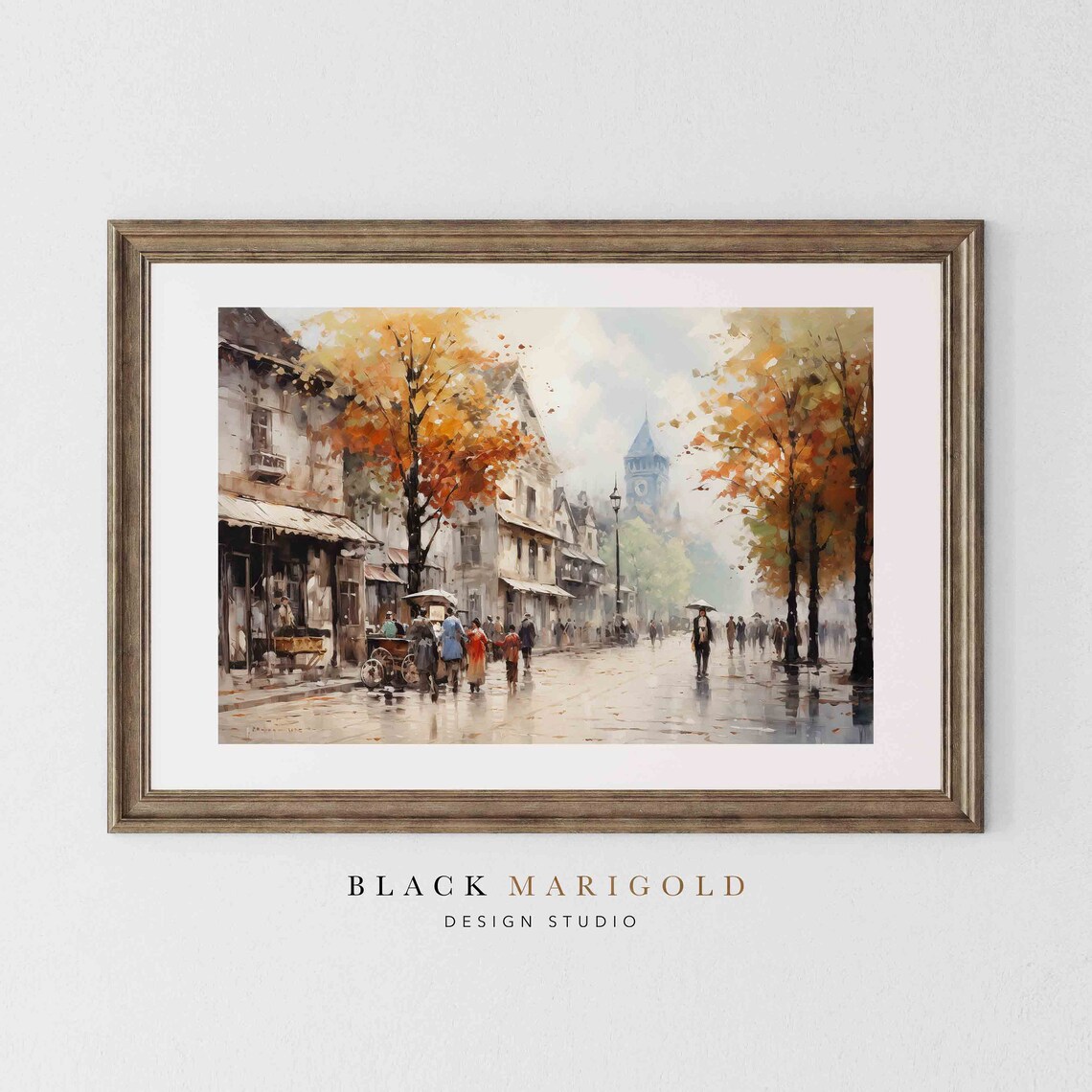 Rainy Autumn Street With Umbrellas and a Church Tower Poster - Image 2