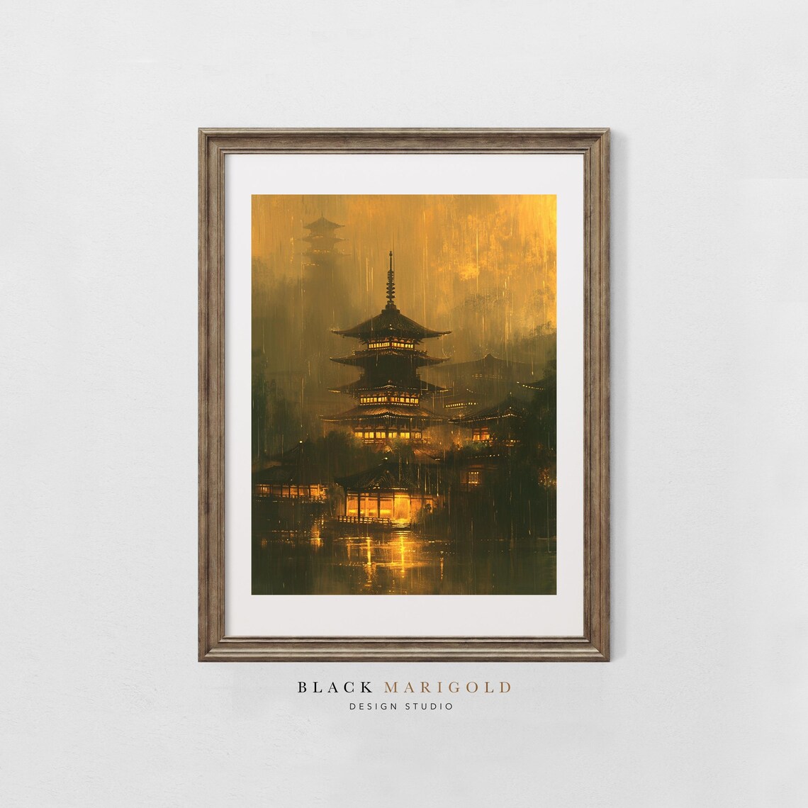 Japanese Pagoda Glowing in Golden Rain at Night Asian Art Poster - Image 2