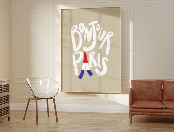 Bonjour Paris Eiffel Tower French Flag Typography Wall Decor Poster