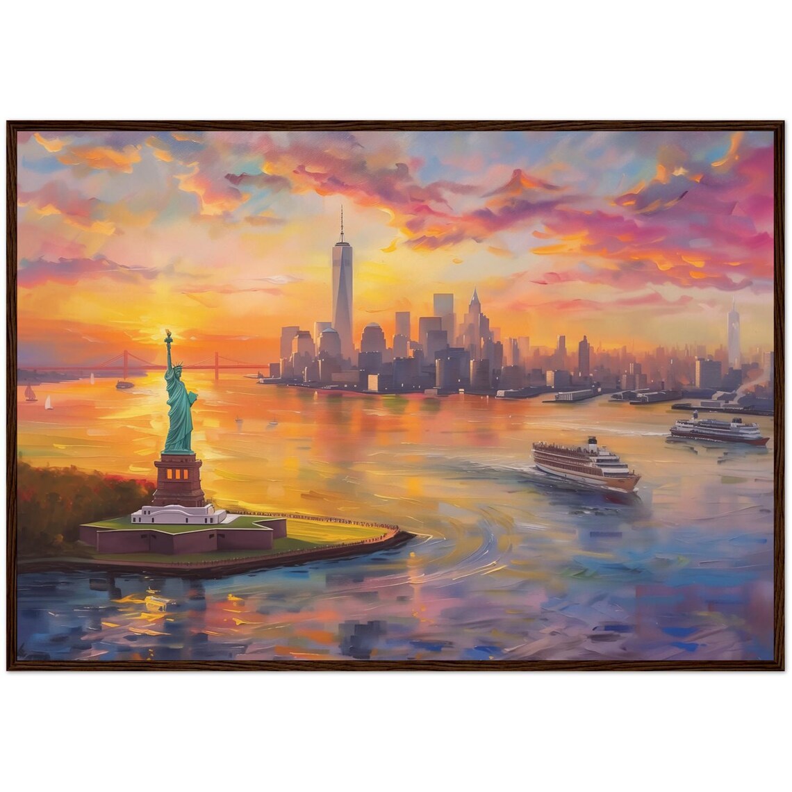 New York Statue of Liberty Sunset, Cityscape Art Print