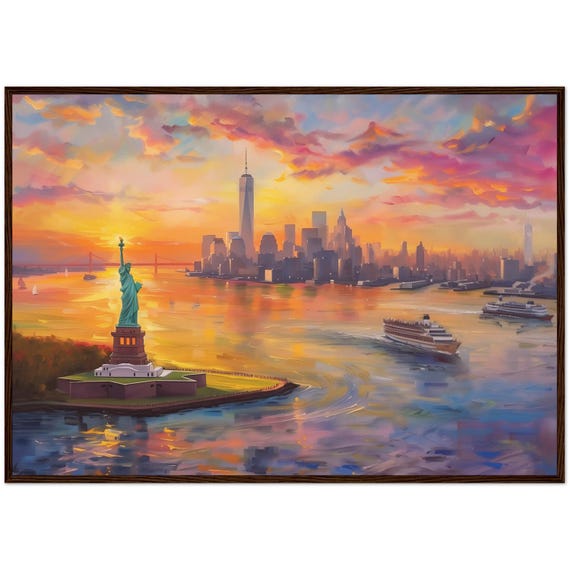 New York Statue of Liberty Sunset, Cityscape Art Print