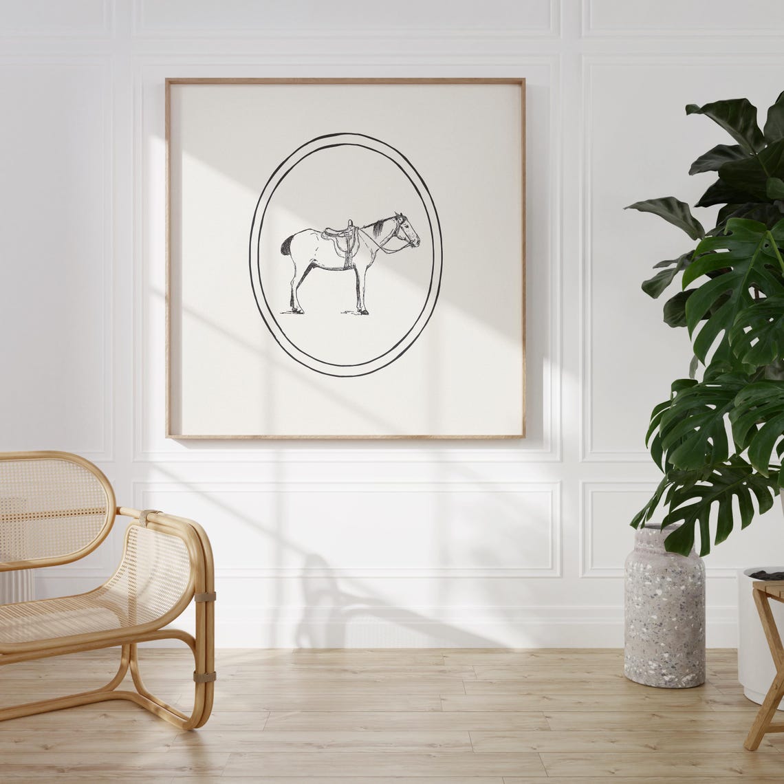 Saddled Horse Sketch In Oval Minimalist Equestrian Art Poster - Image 2