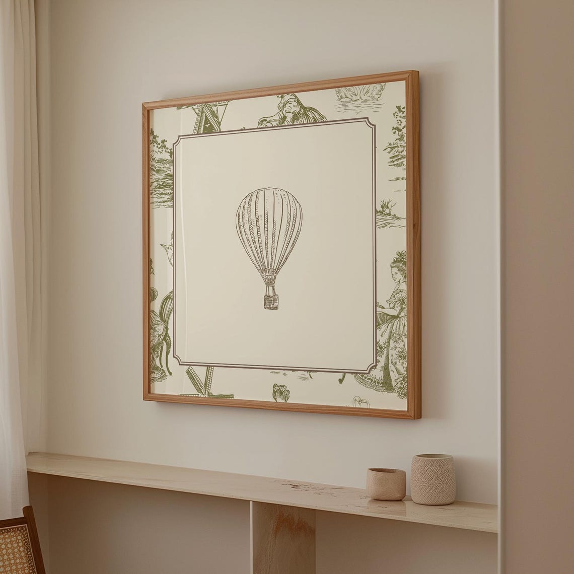 Green Toile Border Hot Air Balloon Engraving Vintage Adventure Poster - Image 2