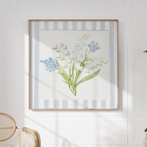 Blue Striped Lily Bouquet Square Print Instant Wall Art Trendy Decor Illustration Living Room Art Nursery Decor
