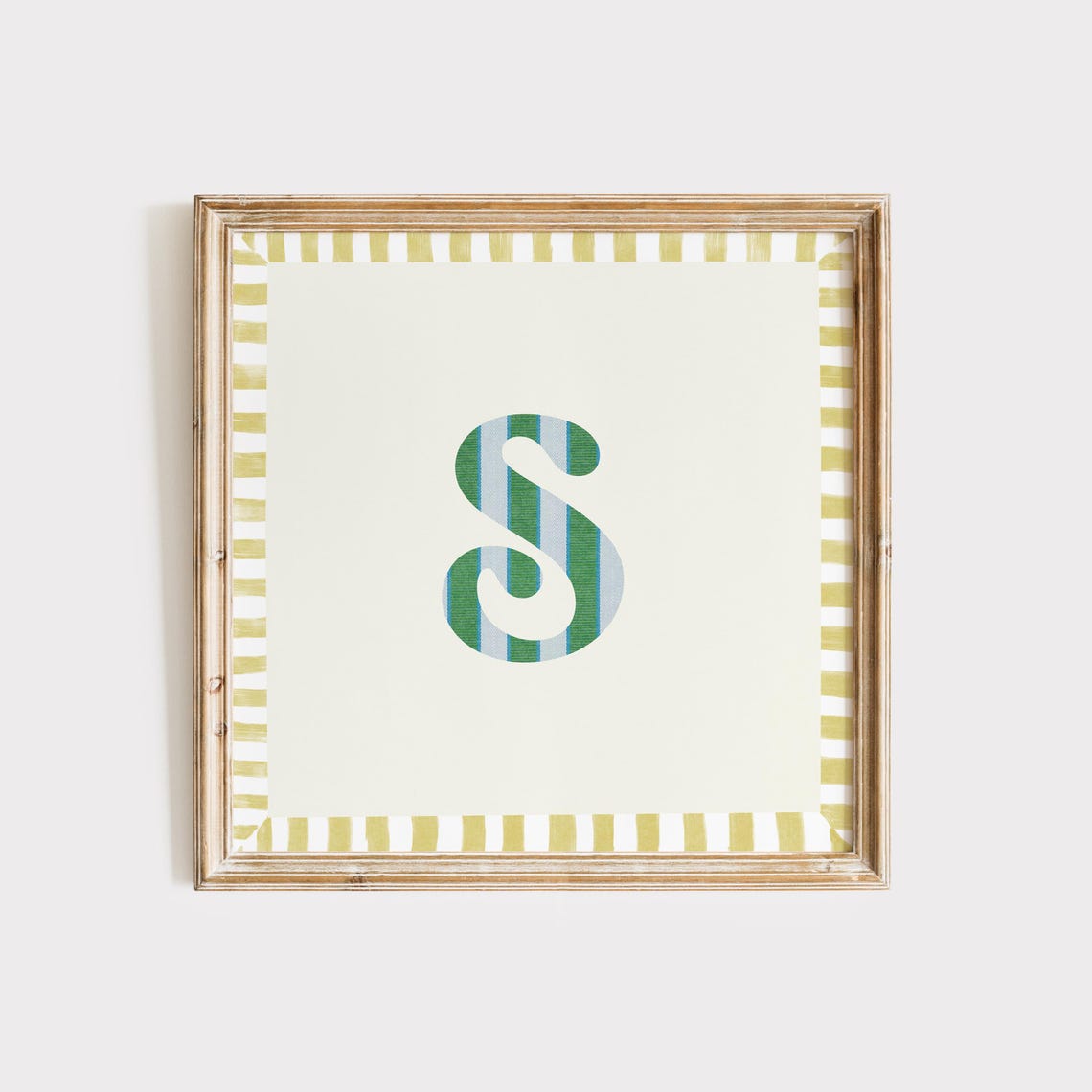Swash Letter S Green Blue Striped Monogram Cream Framed Art Print