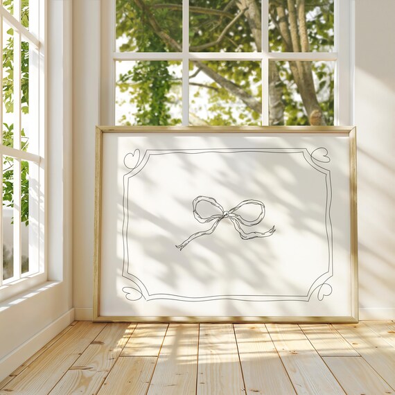 Minimalist Black Ribbon Bow Line Drawing Framed Nursery Poster