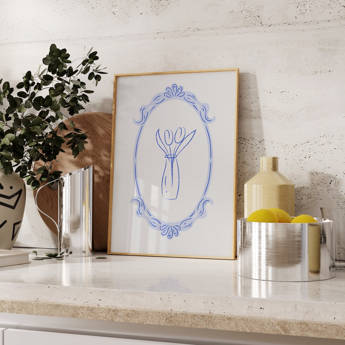 Minimalist Blue Line Tulip Vase Baroque Oval Frame Art Poster - Image 2