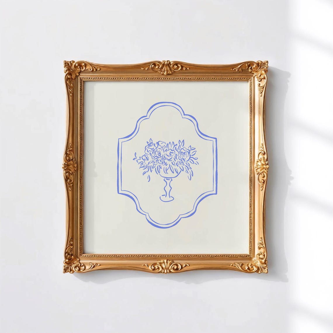 Blue Line Floral Bouquet Pedestal Vase Scalloped Frame Wall Poster - Image 5