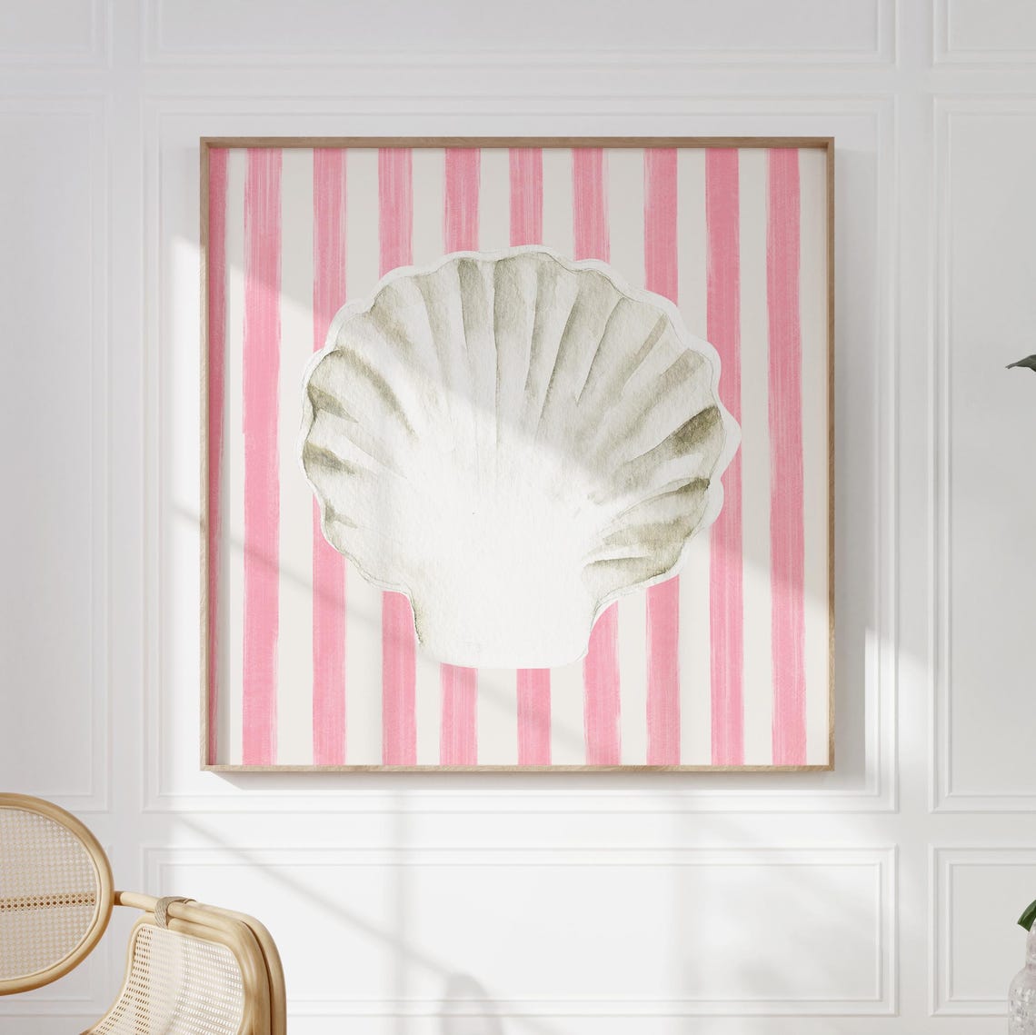 White Scallop Shell Pink Striped Background Coastal Watercolor Poster