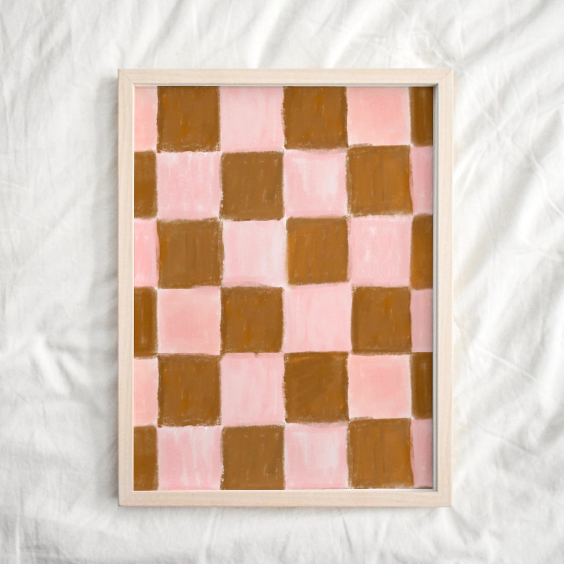 Pink and Tan Hand-Painted Checkerboard Pattern Abstract Art Print