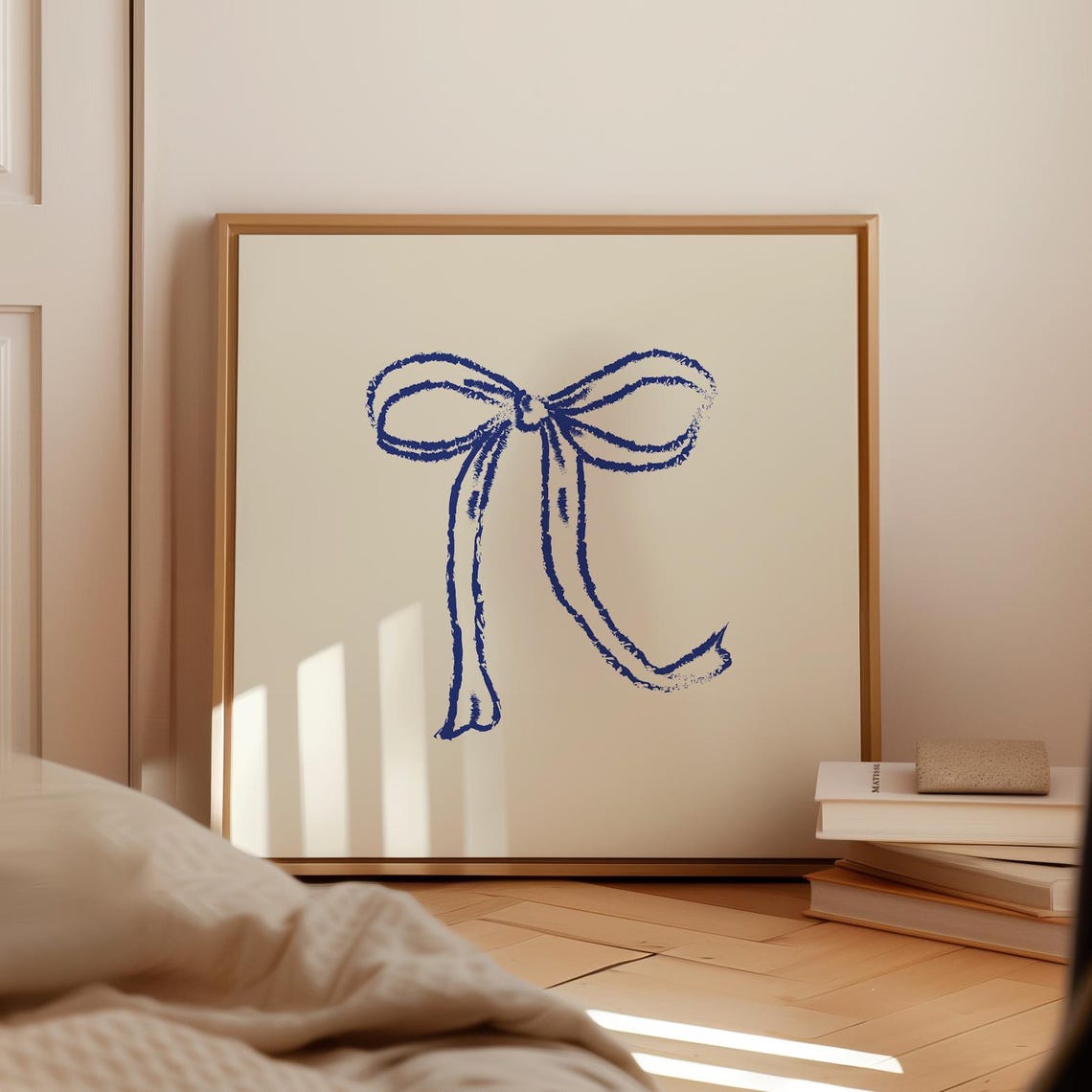 Navy Blue Ribbon Bow Hand Drawn Sketch Cream Square Decor Poster - Image 4