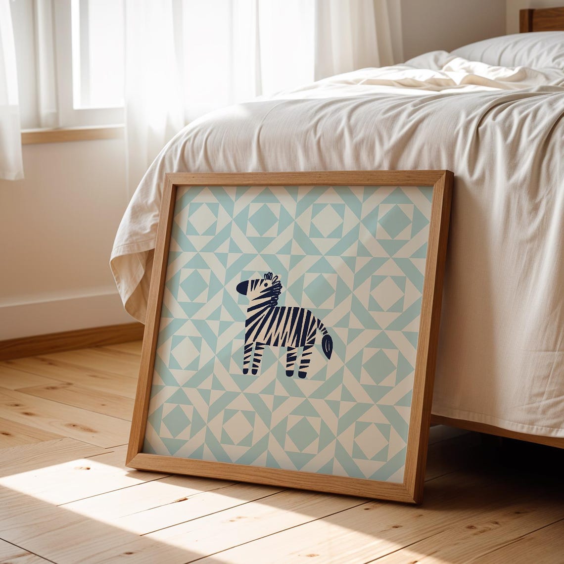 Cute Navy Zebra Blue Geometric Quilt Patchwork Kids Nursery Poster
