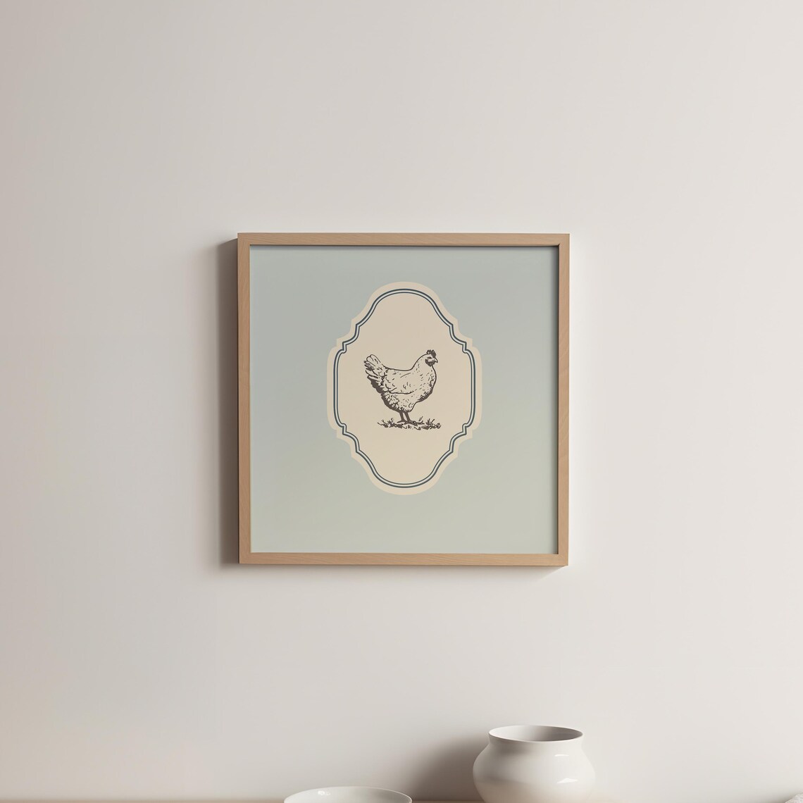 Vintage Hen Farm Chicken Line Art Baby Blue Ornate Square Poster - Image 5