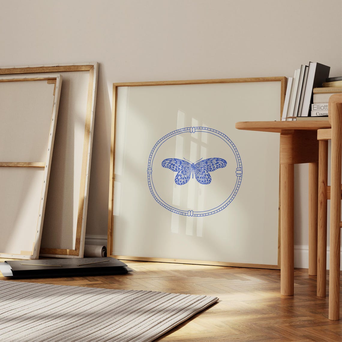 Blue Line Butterfly Vintage Oval Frame Nursery Cottage Wall Art Poster - Image 3