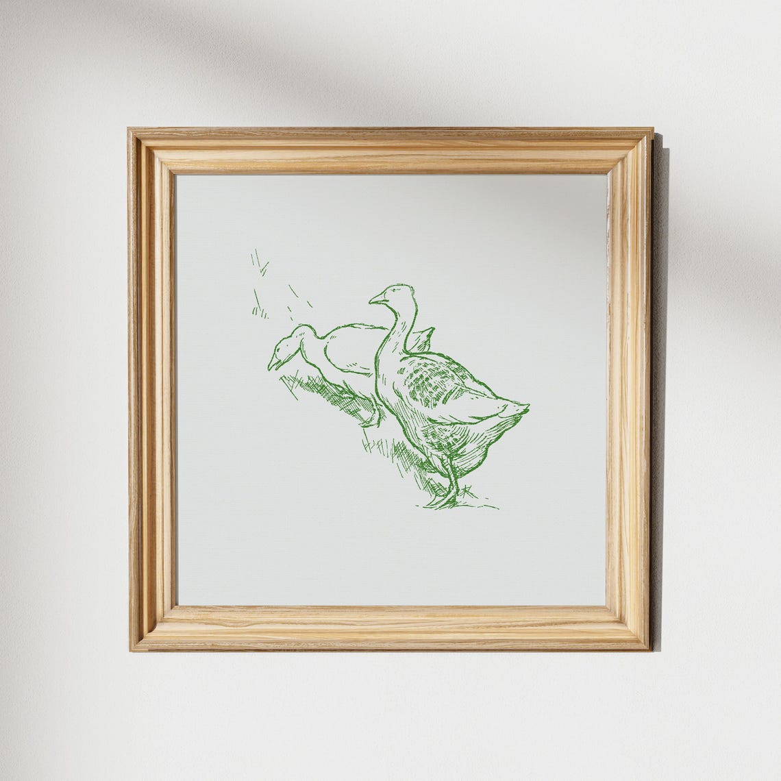 Farm Ducks Green Line Sketch Cream Minimalist Square Wall Art - Image 2