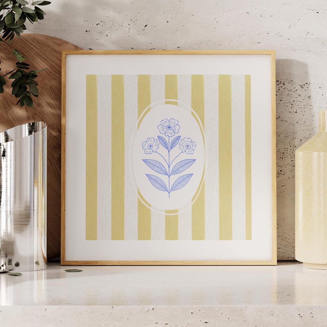 Yellow Striped Blue Line Floral Bouquet Minimalist Square Poster - Image 2