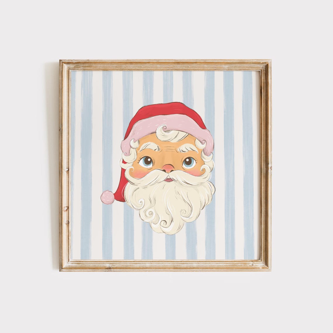 Whimsical Santa Claus Face Blue Striped Square Christmas Poster