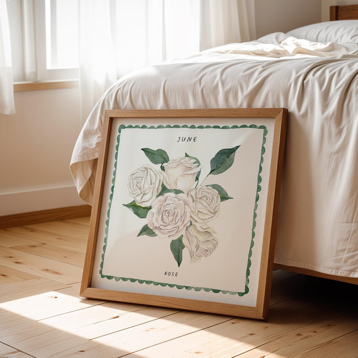 June White Rose Watercolor Birth Month Flower Green Border Art Poster - Image 3