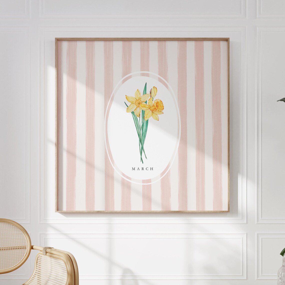 March Daffodil Birth Month Flower Pink Stripe Watercolor Botanical Poster - Image 3