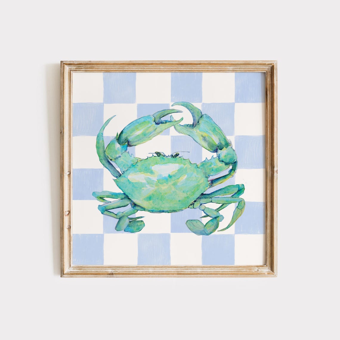 Teal Watercolor Crab Blue Checkered Background Coastal Wall Poster
