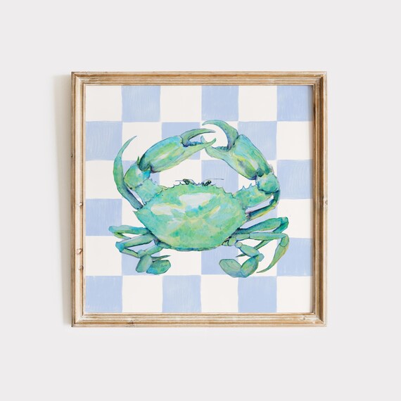 Blue Checkered Watercolor Crab Print Wall Art Trendy Decor Nautical Illustration Living Room Cottage Art Print