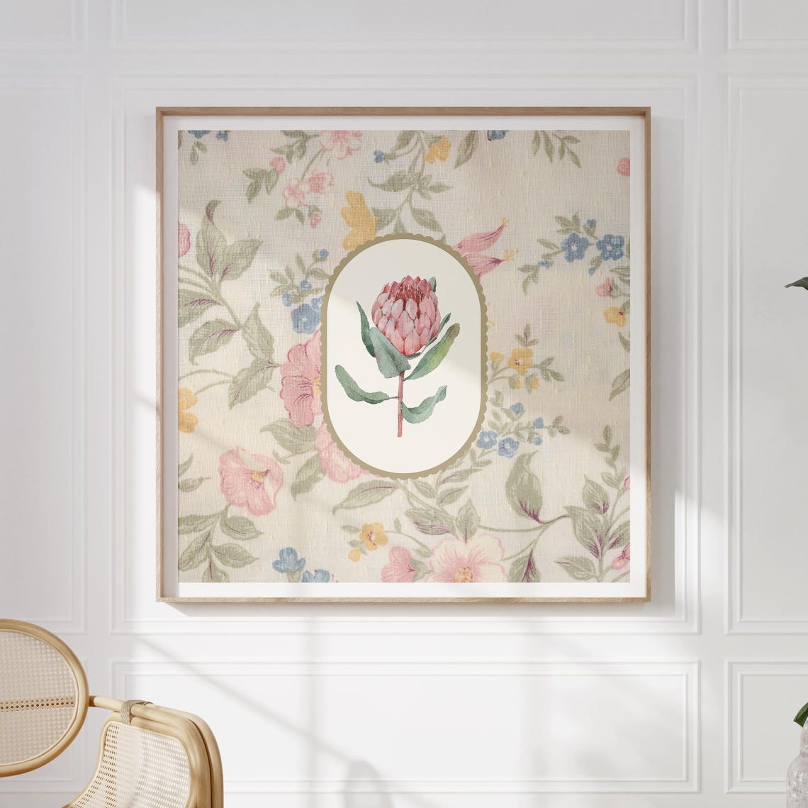 Vintage Protea Flower Oval Frame Fabric Floral Pattern Poster - Image 2