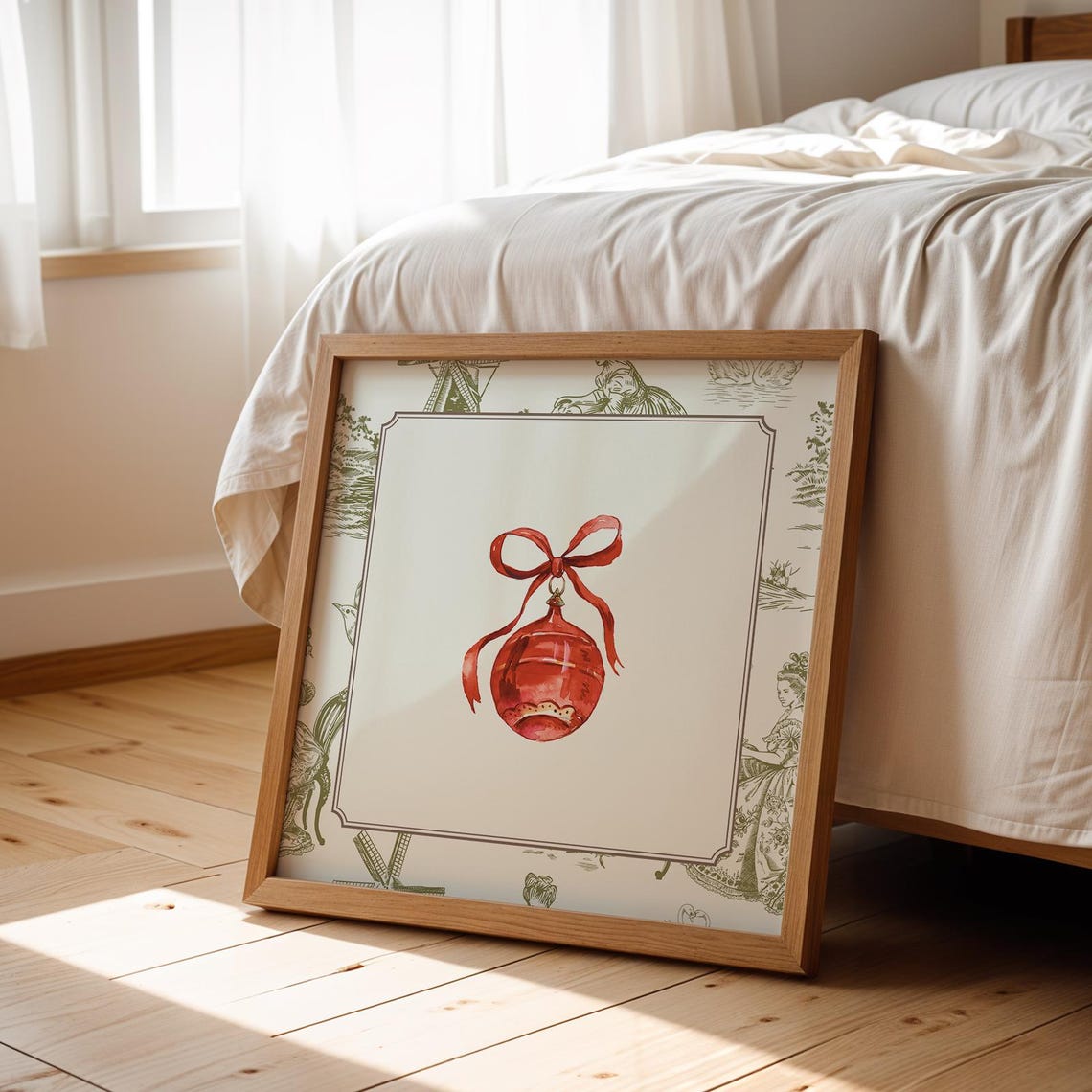 Green Toile Border Red Christmas Bauble Bow Watercolor Holiday Poster - Image 5