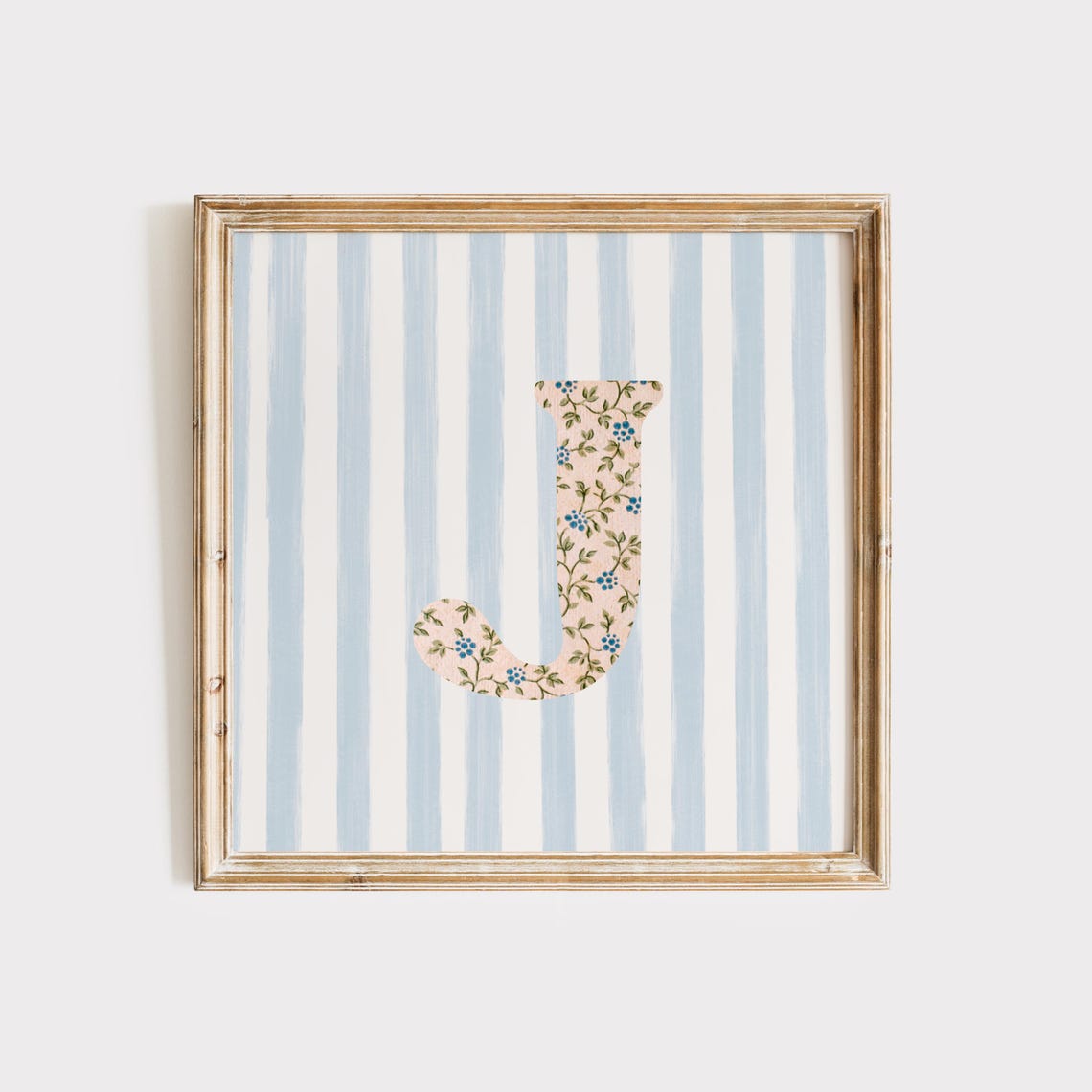 Floral Chintz Letter J Monogram Initial Blue Striped Wall Poster - Image 2