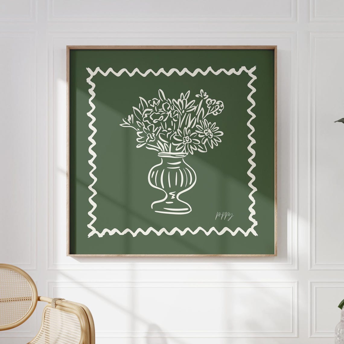 Forest Green Background Cream Line Wildflowers Vase Modern Wall Poster - Image 4