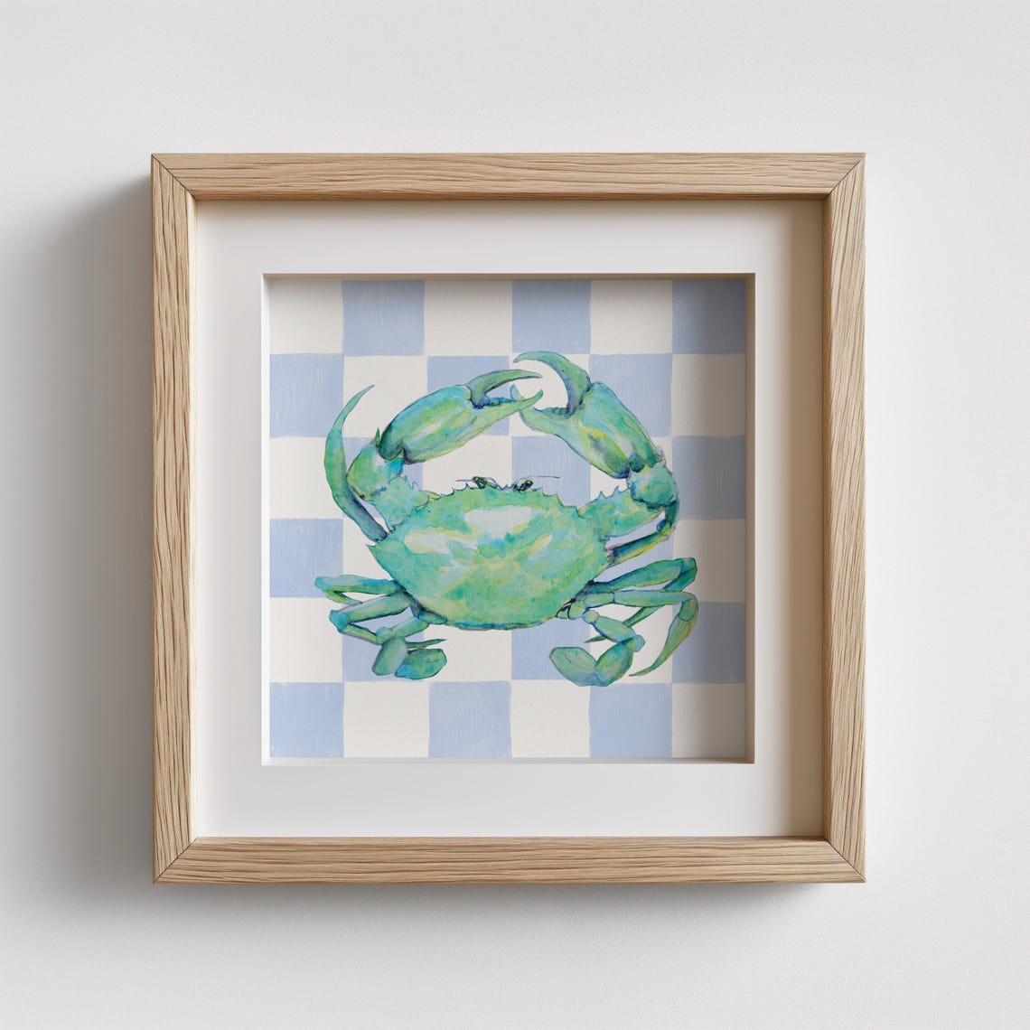 Teal Watercolor Crab Blue Checkered Background Coastal Wall Poster - Image 2