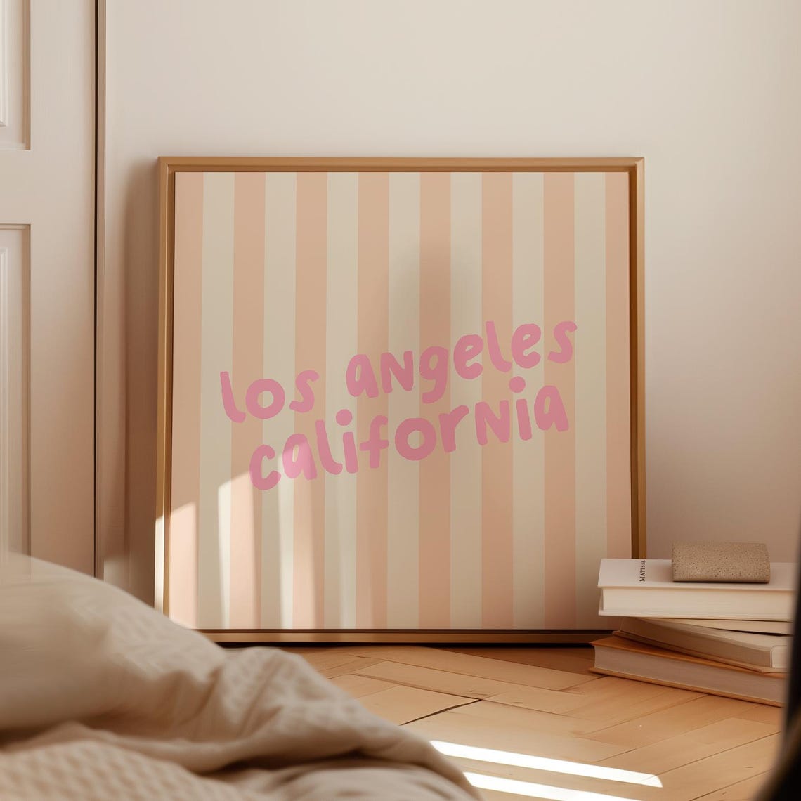 Los Angeles California Pink Script Peach Striped City Name Wall Art