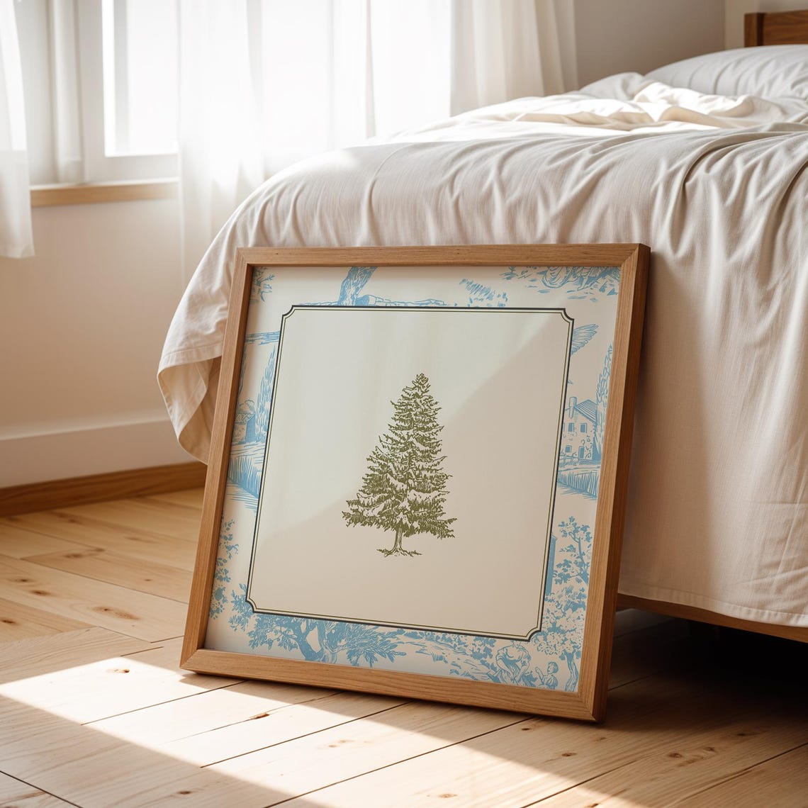 Vintage Blue Toile Pine Tree Sketch Minimalist Cottage Wall Art Print - Image 5