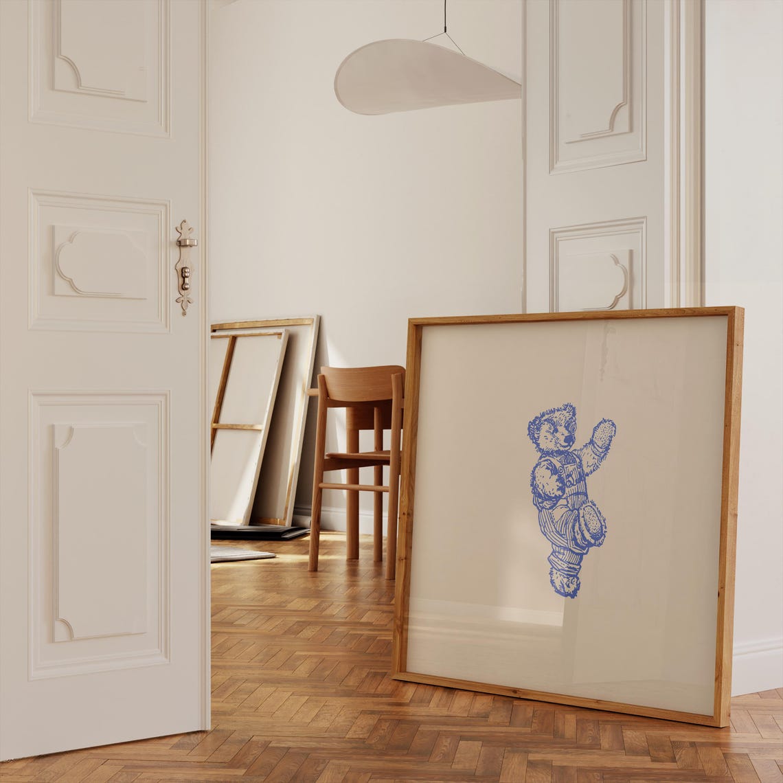 Blue Ink Handstand Teddy Bear Sketch Square Animal Decor Poster - Image 3
