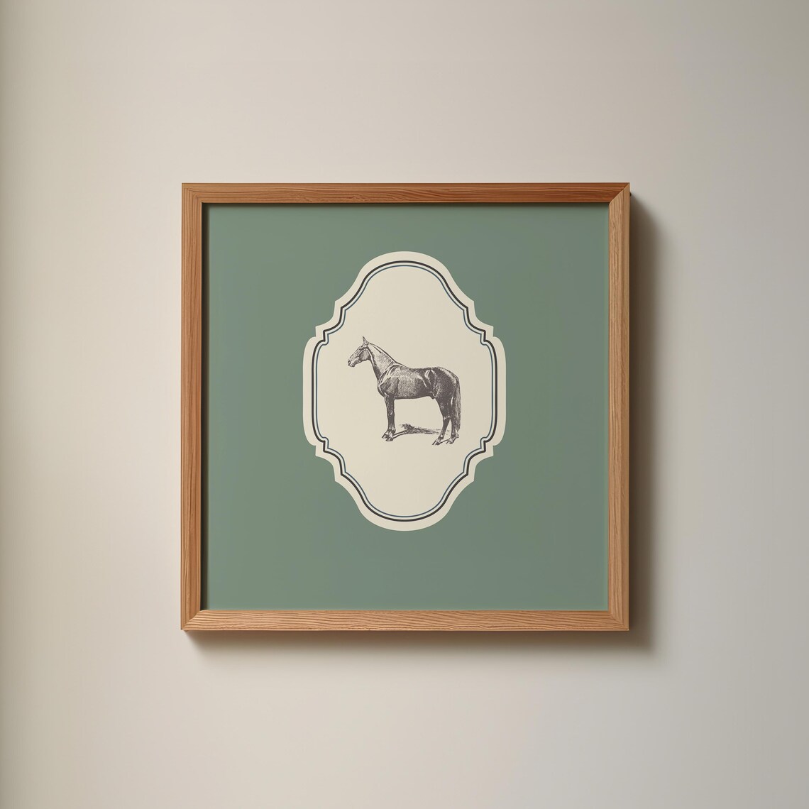 Vintage Horse Engraving Sage Green Ornate Square Nursery Poster