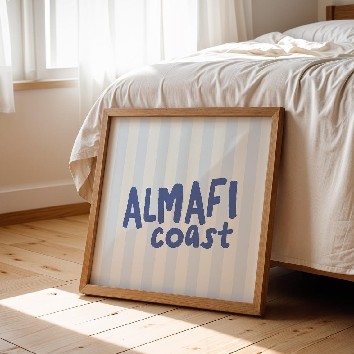 Almafi Coast Blue Script Light Stripes Coastal City Name Wall Art - Image 3