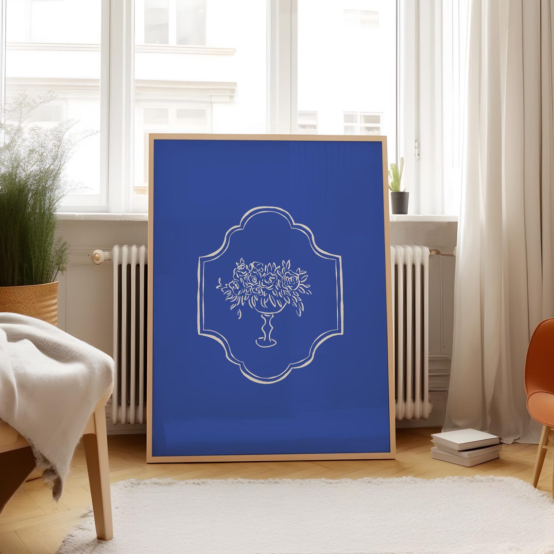 Cream Floral Urn Crest Line Art Cobalt Blue Bold Botanical Poster - Image 5